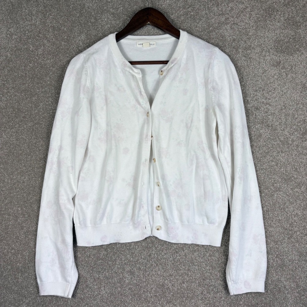 Aeropostale Womens White Floral Button Front Cardigan Sweater Large Pink Green